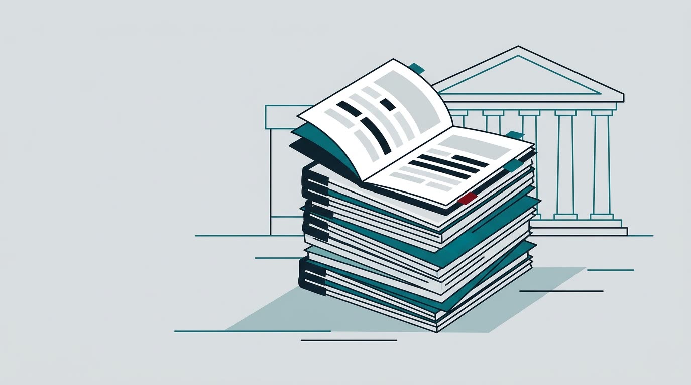 Ilustração: uma pilha alta de documentos encadernados, o de cima aberto em blocos cinza de texto, com abas azul-petróleo e uma pequena marca vermelha, diante de um prédio com colunas desenhado em traço fino.